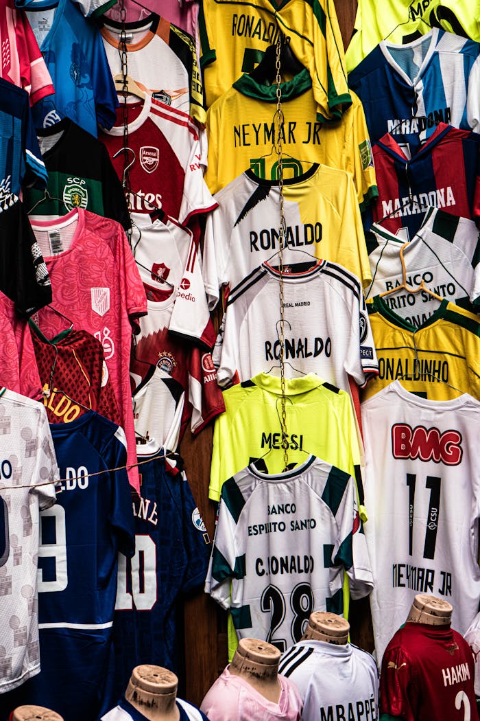 Vibrant display of legendary football jerseys from global icons, perfect for sports enthusiasts.